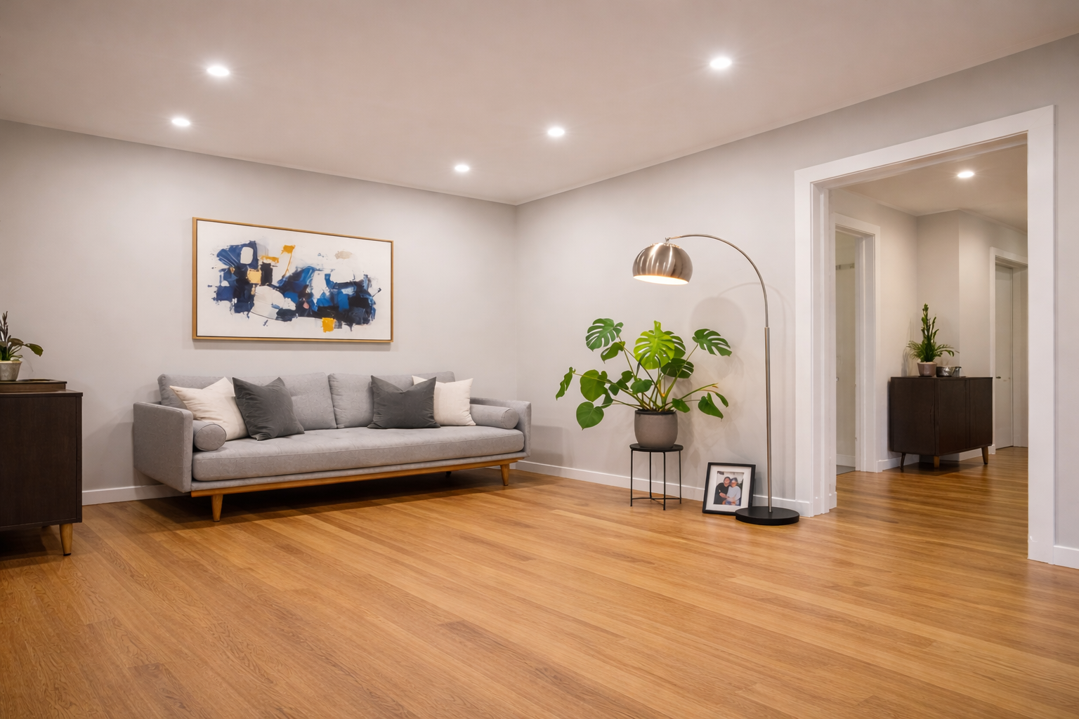 Modern living room with abstract art