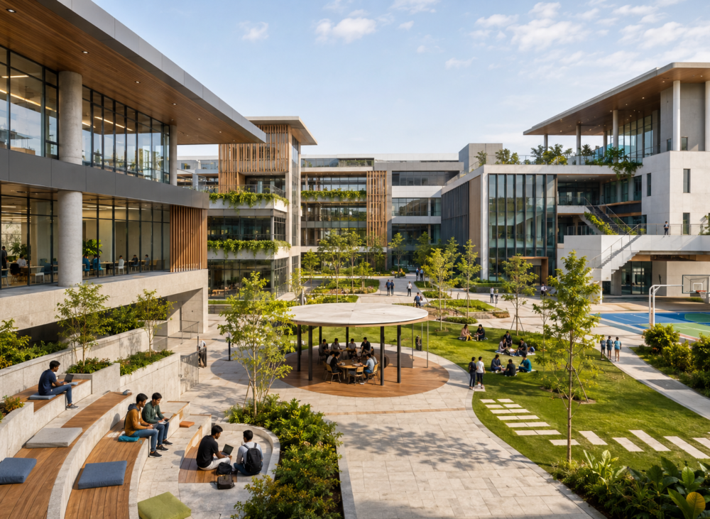 Modern smart educational campus with sustainable architecture, flexible learning spaces, landscaped courtyards, and technology-enabled facilities.