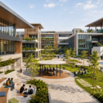 Modern smart educational campus with sustainable architecture, flexible learning spaces, landscaped courtyards, and technology-enabled facilities.
