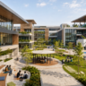 Modern smart educational campus with sustainable architecture, flexible learning spaces, landscaped courtyards, and technology-enabled facilities.