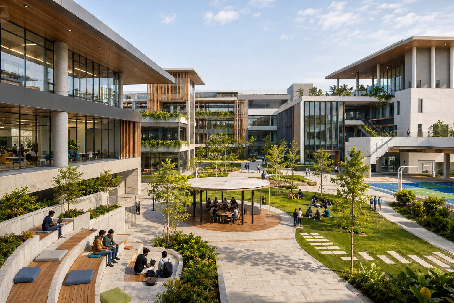 Modern smart educational campus with sustainable architecture, flexible learning spaces, landscaped courtyards, and technology-enabled facilities.