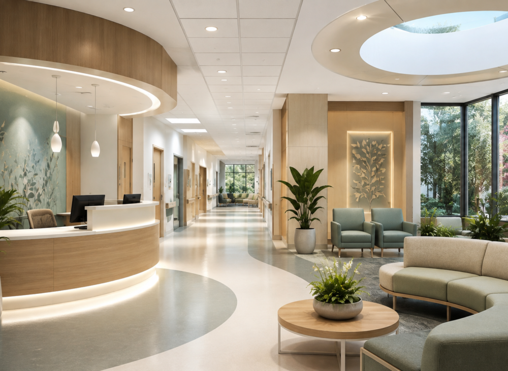 Modern hospital interior featuring a bright reception area, comfortable seating, natural lighting, calming colors, clear wayfinding, and patient-centered healthcare design.