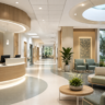 Modern hospital interior featuring a bright reception area, comfortable seating, natural lighting, calming colors, clear wayfinding, and patient-centered healthcare design.