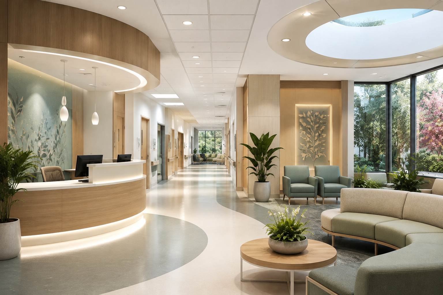 Modern hospital interior featuring a bright reception area, comfortable seating, natural lighting, calming colors, clear wayfinding, and patient-centered healthcare design.