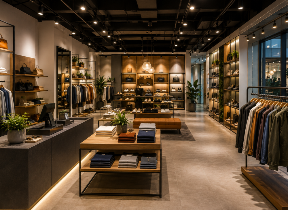 Modern retail store interior designed to increase sales through strategic product placement, customer circulation, lighting, visual merchandising, and optimized space planning.