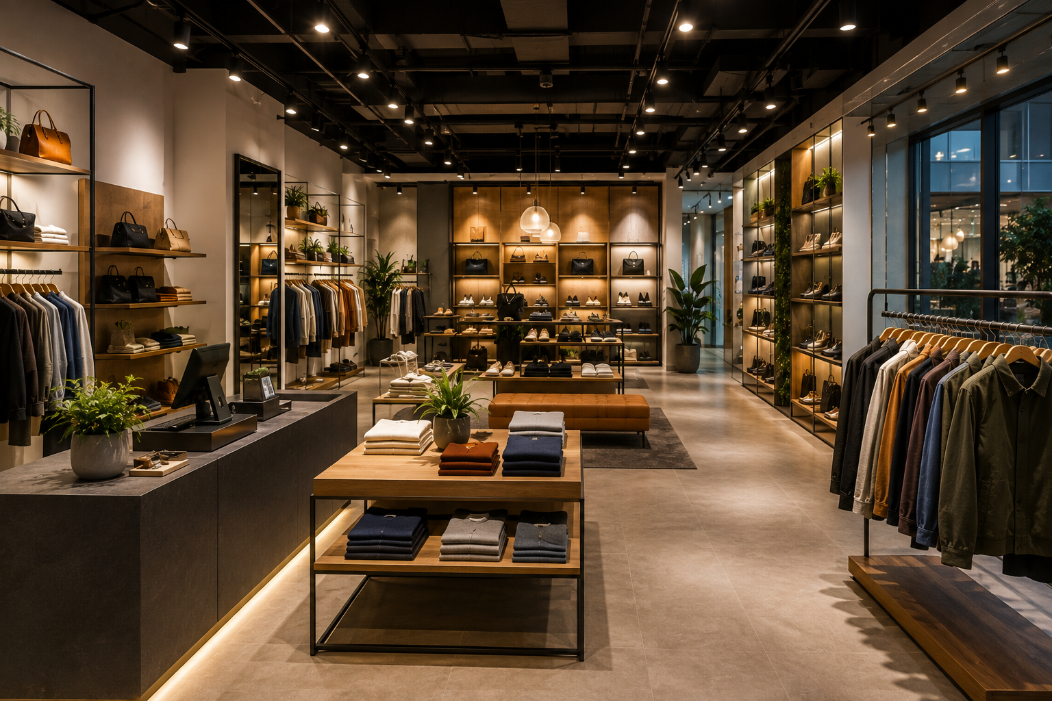 Modern retail store interior designed to increase sales through strategic product placement, customer circulation, lighting, visual merchandising, and optimized space planning.