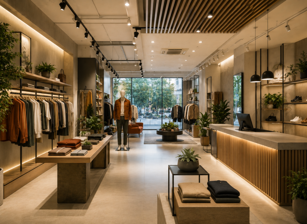 Modern retail store interior in Delhi featuring strategic product displays, contemporary lighting, efficient circulation, and premium brand-focused design.