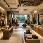 Modern retail store interior in Delhi featuring strategic product displays, contemporary lighting, efficient circulation, and premium brand-focused design.