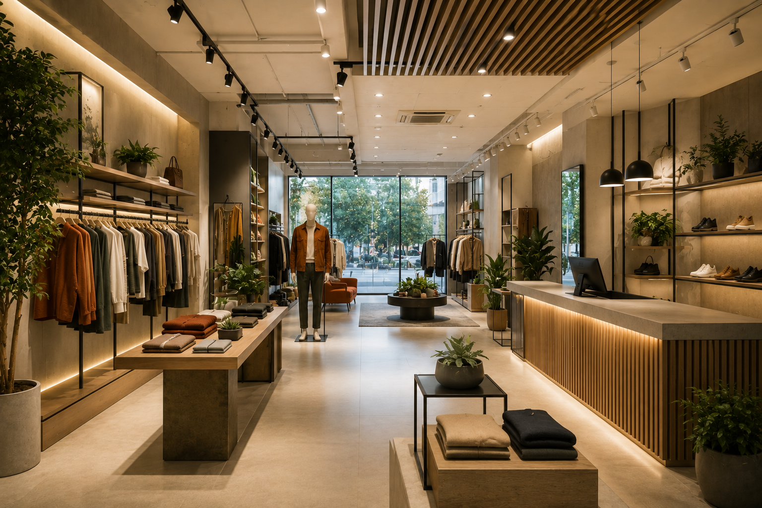 Modern retail store interior in Delhi featuring strategic product displays, contemporary lighting, efficient circulation, and premium brand-focused design.